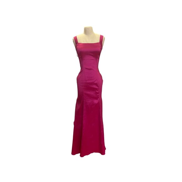 Jump Apparel Pink Dress Fuchsia Satin Gown With Lace-Up Back Sleeveless Ruffle D - Picture 2 of 12